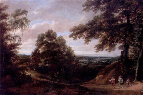 A Woodland Path With A Huntsman Conversing With An Elegant Gentleman And His Page, An Extensive Panorama Beyond Oil Painting by Jacques d' Arthois