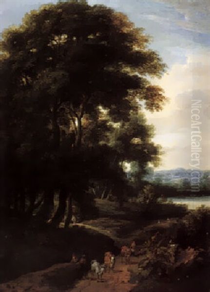 A Wooded Landscape With Peasants And Cattle On A Path Oil Painting by Jacques d' Arthois