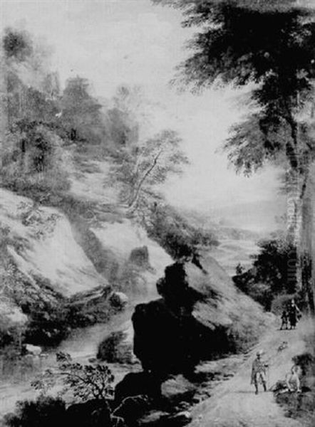 A Rocky River Landscape With Figures On A Path by Jacques d' Arthois