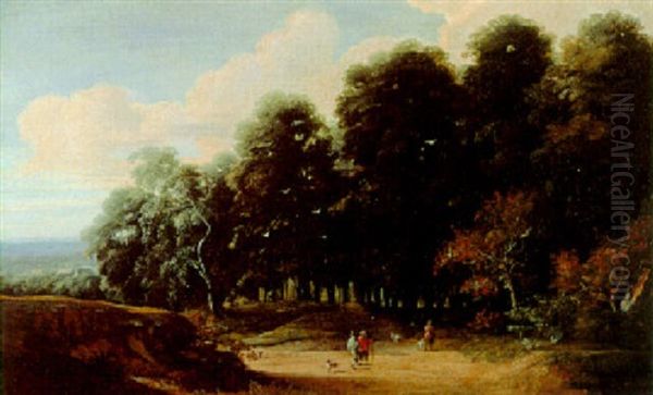 Wooded Landscape With Travelers And Dogs, Village Beyond Oil Painting by Jacques d' Arthois