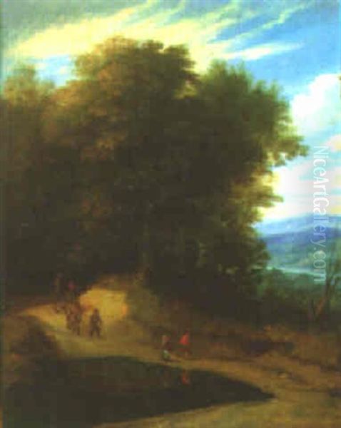 Wooded Landscape With Travellers On A Path Beside A Pool, A River Valley Beyond Oil Painting by Jacques d' Arthois