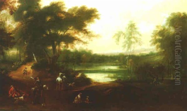 A Wooded Landscape With Figures Hunting By A Lake Oil Painting by Jacques d' Arthois