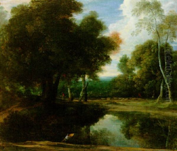 Wooded Landscape With A Shepherd And His Flock By A Pool, A Rider Beyond Oil Painting by Jacques d' Arthois