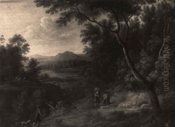 An Extensive Wooded Landscape With Peasants On A Track Oil Painting by Jacques d' Arthois