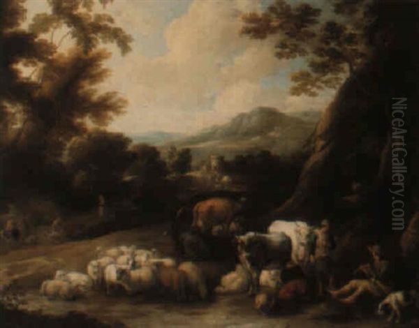 A Wooded Landscape With Herders Resting With Cattle And Sheep Oil Painting by Jacques d' Arthois