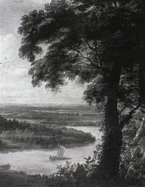 Extensive River Landscape With Barges And A Village Beyond Oil Painting by Jacques d' Arthois