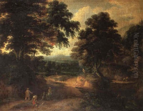 Landscape With Travellers On A Woodland Path Oil Painting by Jacques d' Arthois