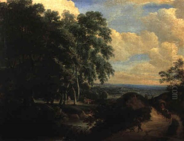 Travellers Leaving A Wood On A Country Path Beside A Waterfall Oil Painting by Jacques d' Arthois