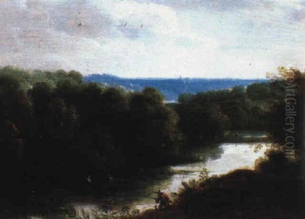 Chasseurs Au Bord D'une Riviere Oil Painting by Jacques d' Arthois