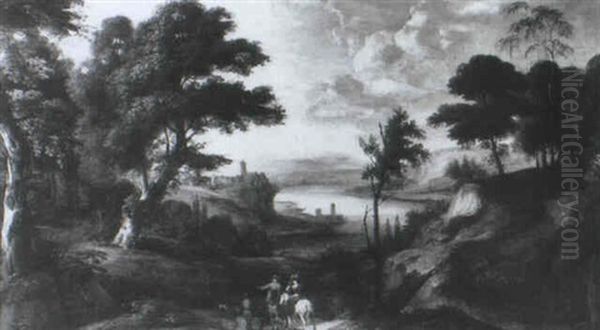 An Extensive Italianate Landscape With Travellers On A      Track, A Lake And A Castle Beyond Oil Painting by Jacques d' Arthois