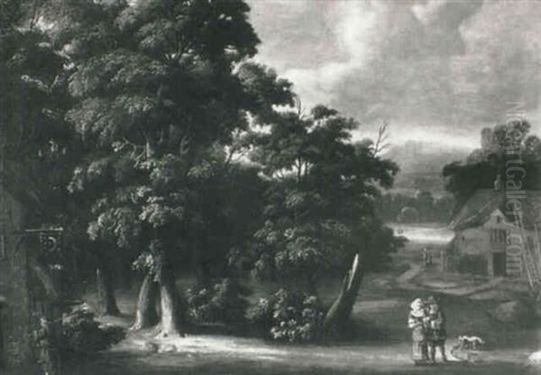 Figures Near Cottages In A Wooded Landscape Oil Painting by Jacques d' Arthois