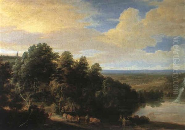 Bewaldete Landschaft Am See (am Sandigen Ufer Fuhren Bauern Ihre Rinderherde Zur Tranke...) Oil Painting by Jacques d' Arthois