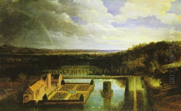 Panoramic Mountainous Landscape With A Rainbow, An Elaborate Palace And Figures Strolling In The Gardens... Oil Painting by Jacques d' Arthois