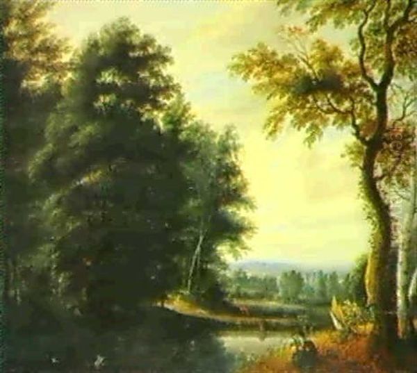 Jager In Einer Bewaldeten Flusslandschaft Oil Painting by Jacques d' Arthois