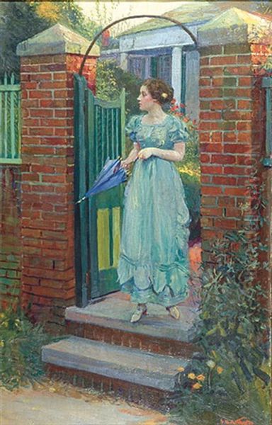 Woman At Gate About To Raise Parasol Oil Painting by Stanley Massey Arthurs