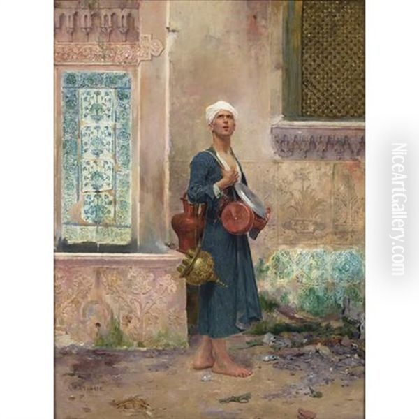 Arab In A Courtyard Oil Painting by Albert Emile Artigue