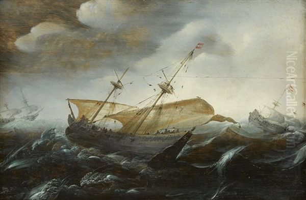 Ships In A Storm Oil Painting by Andries van Artvelt (Ertvelt)