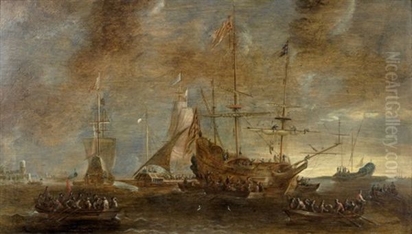 Marins Embarquant Dans Un Port A Bord De Chaloupes Oil Painting by Andries van Artvelt (Ertvelt)