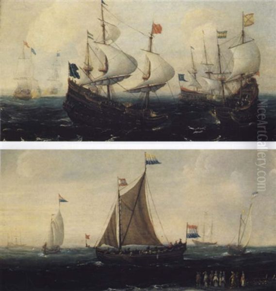 Bateaux De Guerre Livrant Combat Sur Une Mer Agite - Un     Smalschip Et D'autres Bateaux Proches Du Rivage..(une Paire) Oil Painting by Andries van Artvelt (Ertvelt)