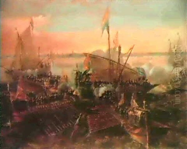 L'attaque D'un Navire Hollandais Par Des Galeres            Espagnoles Dans Le Port D'anvers Oil Painting by Andries van Artvelt (Ertvelt)