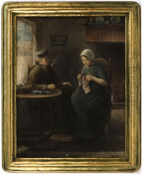 Interior Scene Of A Dutch Couple Seated At A Table Oil Painting by David Adolf Constant Artz