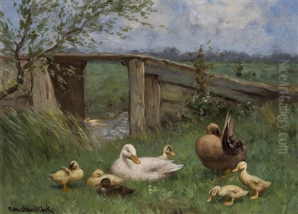 Ducklings Near The Water Oil Painting by David Adolf Constant Artz