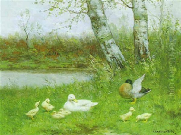 Entenfamilie Am Seeufer Oil Painting by David Adolf Constant Artz