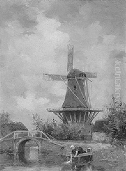 A Peasant Woman Washing By A Windmill Oil Painting by David Adolf Constant Artz