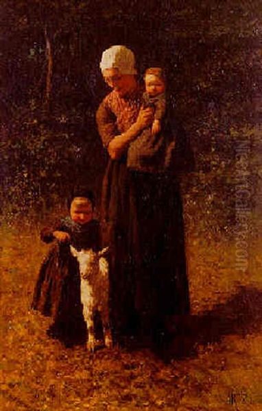 Moeder Met Kinderen En Geitje Oil Painting by David Adolf Constant Artz