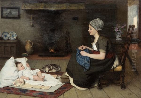 Young Mother And Child In A Fisherman's Cottage Oil Painting by David Adolph Constant Artz