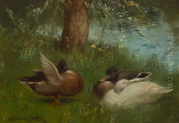 Three Ducks At The Waterside Oil Painting by David Adolph Constant Artz