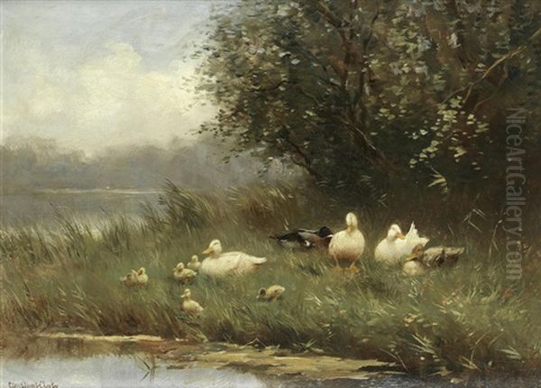 Ducks And Ducklings By The Waterside Oil Painting by David Adolph Constant Artz