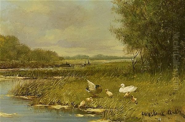 Ducks By The Pond Oil Painting by David Adolph Constant Artz