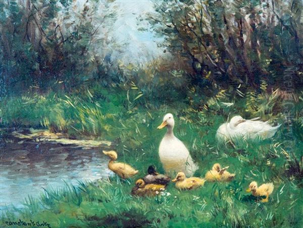 Ducks And Ducklings On The River Bank Oil Painting by David Adolph Constant Artz