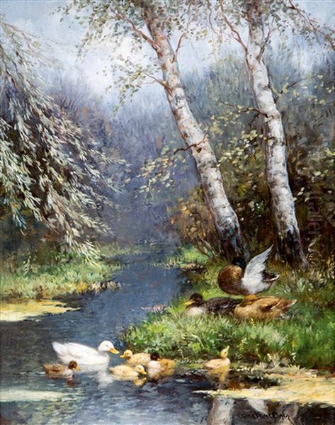 Duck And Ducklings Going For A Swim Oil Painting by David Adolph Constant Artz