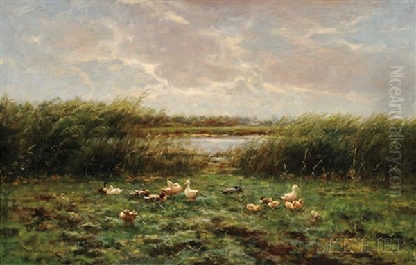 Ducks And Ducklings At The Water's Edge by David Adolph Constant Artz