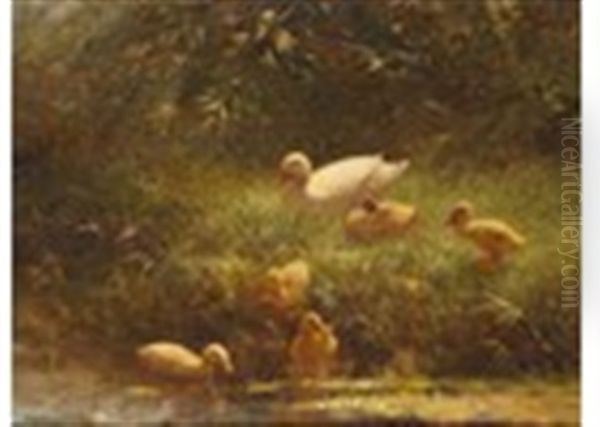 Ducks And Chicks On The River Oil Painting by David Adolph Constant Artz