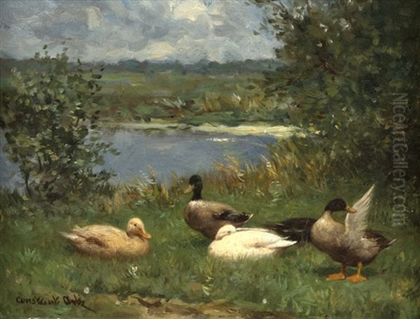 Ducks By A Pond Oil Painting by David Adolph Constant Artz