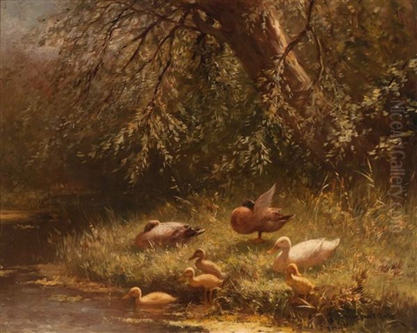 Family Of Ducks At The Water's Edge Oil Painting by David Adolph Constant Artz