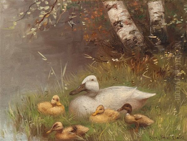 Mother And Her Brood At The Water's Edge Oil Painting by David Adolph Constant Artz