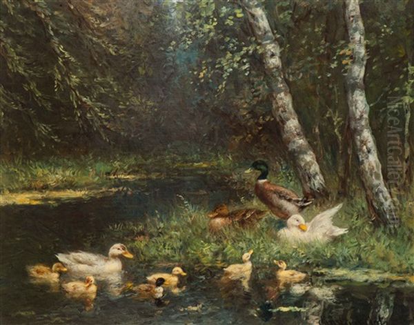 Family Of Ducks At The Water's Edge Oil Painting by David Adolph Constant Artz