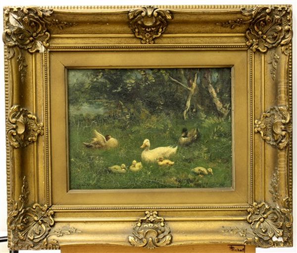 Eendenpaar Met Vier Kuikens Bij Slootkant Oil Painting by David Adolph Constant Artz