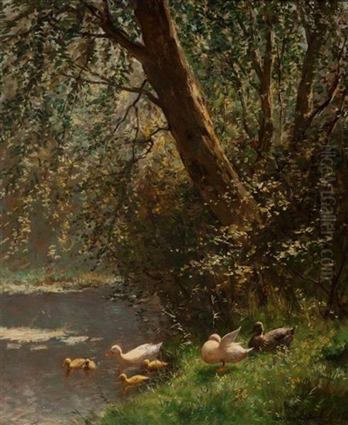 Family Of Ducks By The Water's Edge Oil Painting by David Adolph Constant Artz