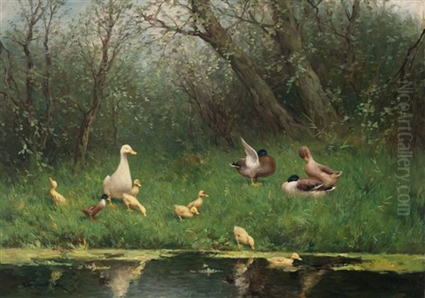 Family Of Ducks By The Water Oil Painting by David Adolph Constant Artz