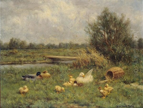 Ducks And Ducklings At Rest Beside A River In A Summer Landscape Oil Painting by David Adolph Constant Artz