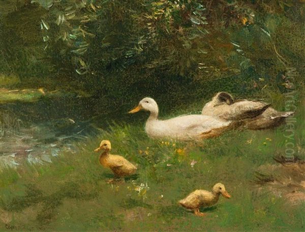 Family Of Ducks In The Grass by David Adolph Constant Artz