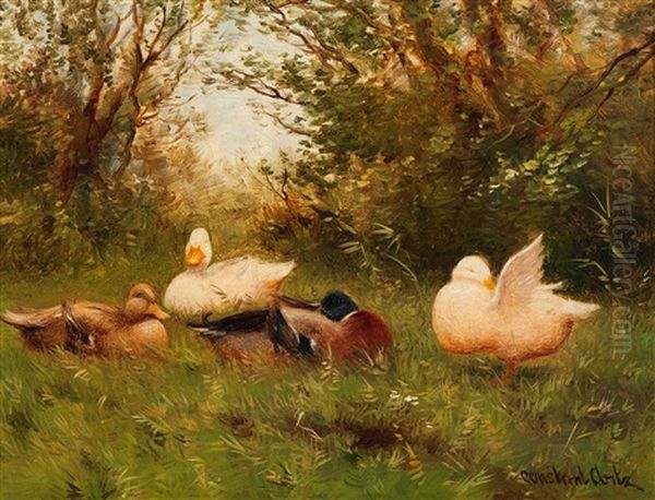 Family Of Ducks By The Water's Edge Oil Painting by David Adolph Constant Artz