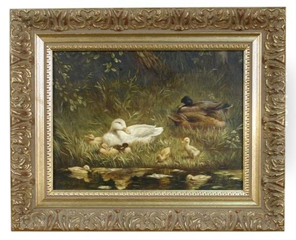 A Family Of Ducks On A River Bank Oil Painting by David Adolph Constant Artz