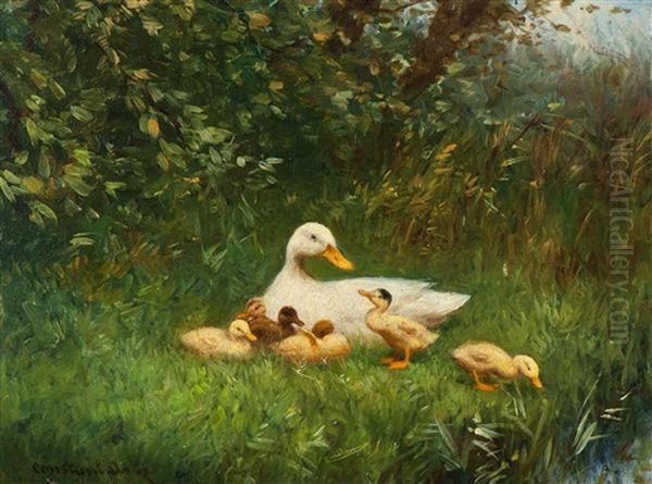 Family Of Ducks On The Water's Edge Oil Painting by David Adolph Constant Artz