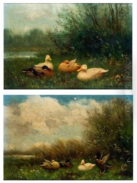 Eenden In Het Gras (2 Works) by David Adolph Constant Artz